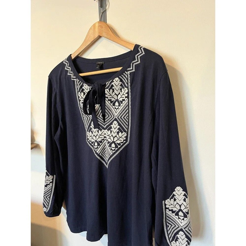J Crew Navy White Embroidered Puff Sleeve Boho Peasant Blouse Size Medium